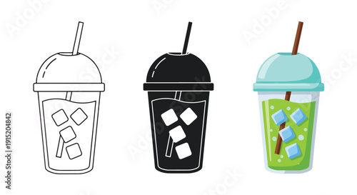 Cold drink cups vector icon set flat design - Clipart. Icon vector -  Icon collection - icon set - Line and glyph icon and logo template - Editable Icon
