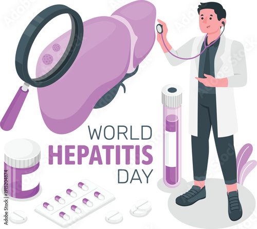 World hepatitis day illustration with doctor and medical elements