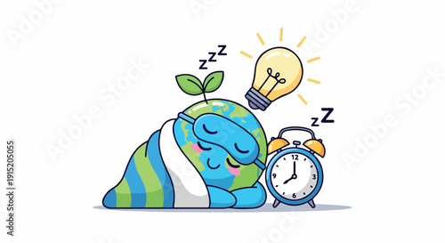 Cartoon illustration of a sleeping Earth wrapped in a blanket next to an alarm clock and a lightbulb with zzz symbols, on a white background with a dreamy mood.