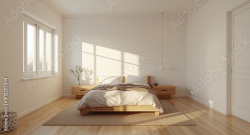 Sunrise casting light on modern bedroom with white walls and wooden floors