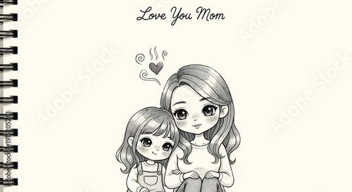 Vector illustration of a mother and child with heart and love text on notebook page