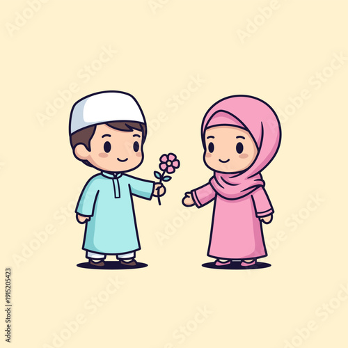 Cartoon Boy Giving Flowers to Girl.