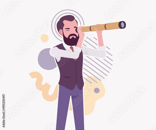 Modern business leader, smart businessman spyglass pose. Elegant high quality attire, tech savvy professional planning market trend, vector flat style cartoon illustration abstract creative background