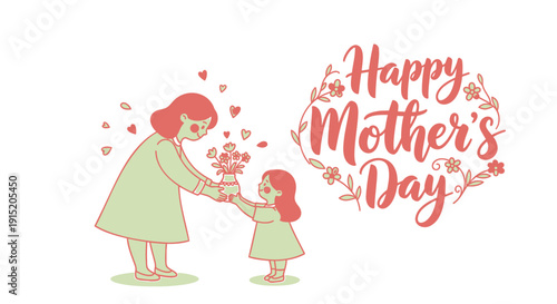 Mother and daughter exchanging flowers on Mother's Day with heart decorations