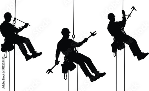 Professional Industrial Climber Silhouette Set, Maintenance Worker Rappelling on Rope, High Altitude Technician, Construction Safety Gear, CAD Drawing Flat Vector Illustration,