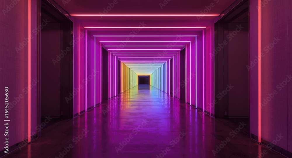 Fototapeta premium Chromatic tunnel lights in an expansive hallway scene