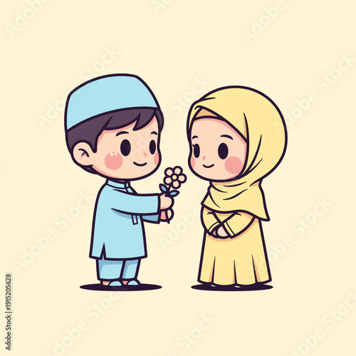 Cartoon Boy Giving Flowers to Girl.