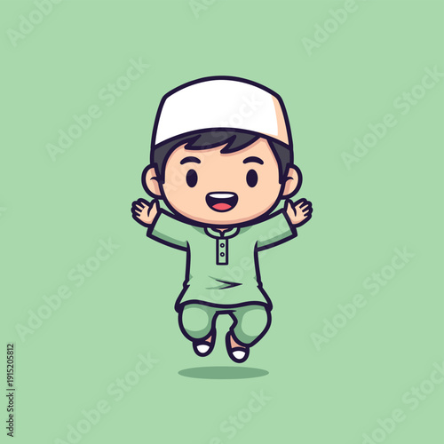 Cartoon Boy Jumping in Traditional Clothing.