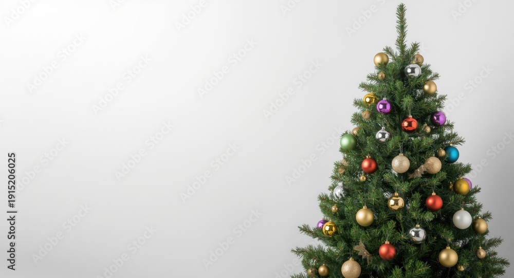 Fototapeta premium Christmas pine tree with baubles on crisp white background