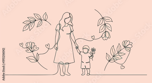 Continuous line drawing of a woman and child surrounded by flowers on a peach background