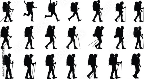 Hiking and Backpacking Silhouette Vector Set, Men and Women Hikers with Trekking Poles, Outdoor Adventure, Mountain Climbing, Trekking, Nature Exploration,