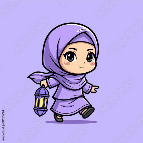 Young Muslim Girl Holding Lantern Walking.