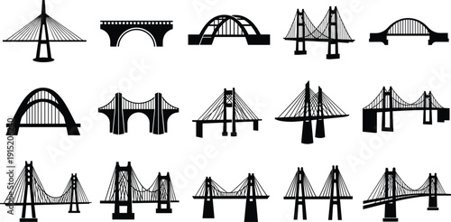 Bridge Silhouette Vector Set, Suspension, Arch, Cable Stayed, Truss, Overpass, Viaduct, Engineering Architecture, Infrastructure Symbols, CAD Drawing Flat Vector Illustration,
