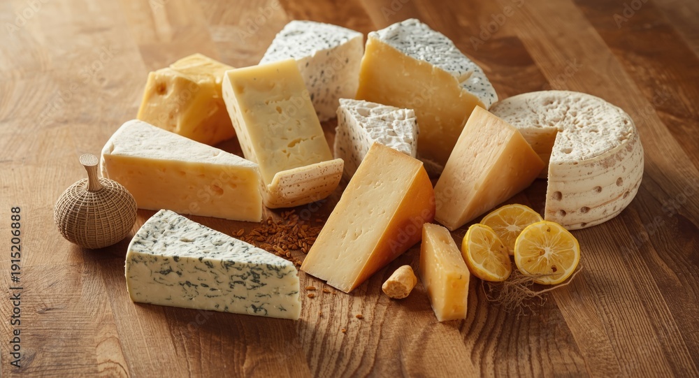 Fototapeta premium Rustic Italian cheese varieties arranged on an untreated wooden surface