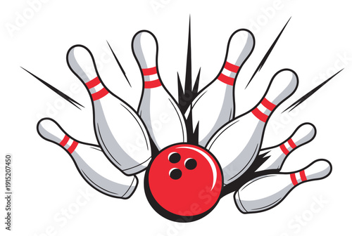 Strike in a game of bowling, ball hitting pins action, perfect score concept, bowling alley sport competition illustration