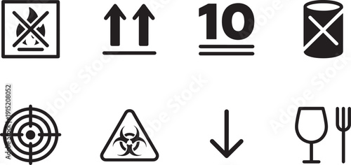 Set of vector silhouette design icons for shipping handling and caution bundle of 7 symbols