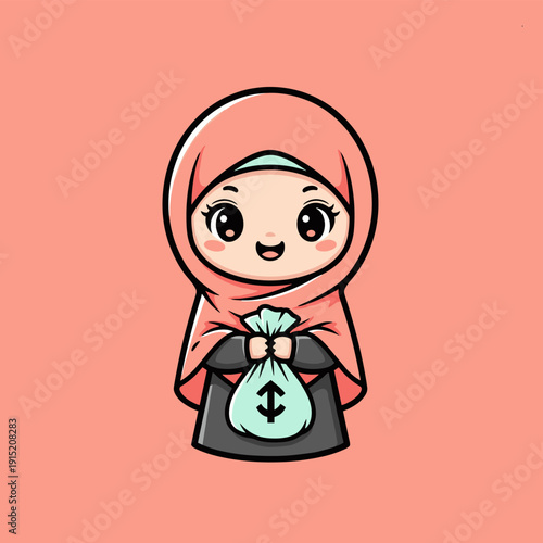 Cartoon Muslim Woman Holding Money Bag.