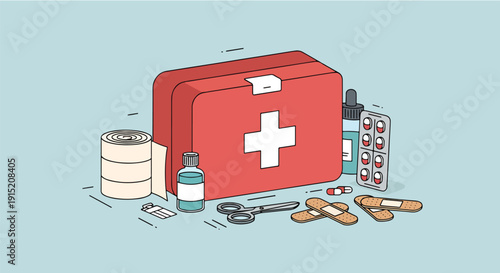 First aid kit with medical supplies on light blue background. Emergency red box with bandages, medicine, and scissors. Healthcare and safety equipment vector illustration.