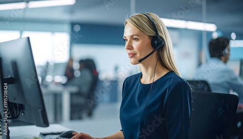 A friendly female customer service representative wearing a headset, actively listening while working on a computer in a bright, modern office environment with a professional and focused