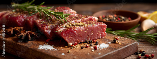 Freshly seasoned raw red meat cuts on a rustic wooden board, ready for grilling, surrounded by aromatic rosemary, peppercorns, and coarse salt
