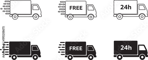 Set of vector silhouette design delivery truck icons bundle with free 24h shipping