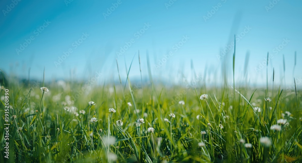 Fototapeta premium Subtle blur bottom view of a verdant meadow with little white flowers against a clear blue sky with copy space