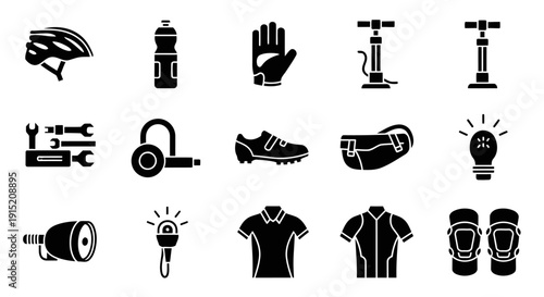 Minimalist black silhouette icon set featuring twelve different bicycle gear and cycling accessory items. Each icon uses original abstract shapes with a flat modern design, avoiding common stock style