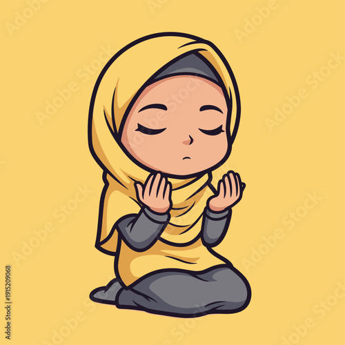 Young Girl Praying in Yellow Hijab.