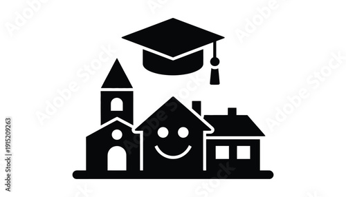education community icon vector school building graduation cap smile.