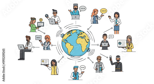 Illustration of diverse people interacting with technology around a globe, conveying global communication and connection in a colorful, flat design style.