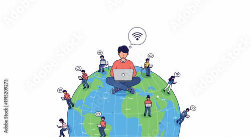 Illustration of a man sitting on a globe with a laptop surrounded by people with speech bubbles in a colorful flat design with a white background.