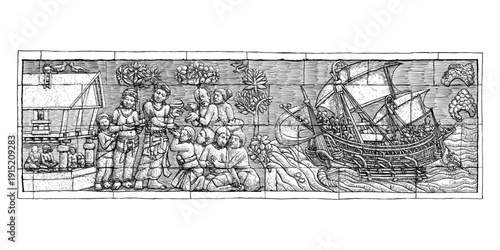 Tableau sur toile Borobudur Maritime Relief Illustration – Ancient Indonesian Ship Carving Art vec