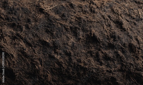 Flat texture of peat soil surface, dark fibrous organic matter
