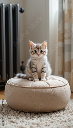 Adorable blue-eyed tabby kitten sitting on a beige pouf in a cozy room
