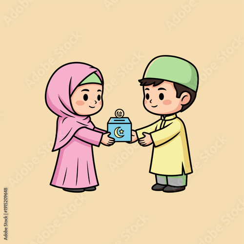 Muslim Boy and Girl Exchanging Gift Box.