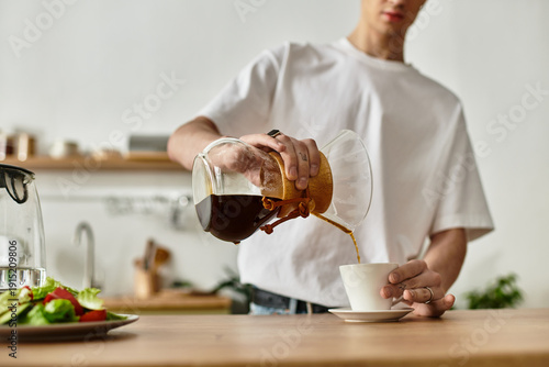 A young man skillfully pouring coffee in a modern kitchen 