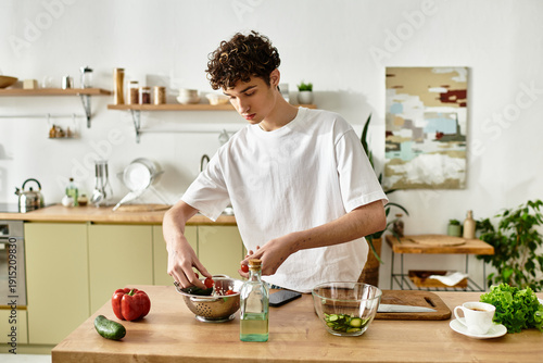Handsome young man prepares a fresh salad in his modern kitchen with style and skill