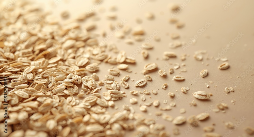 Obraz premium Toasted oat flakes on a soft neutral backdrop with creative text space