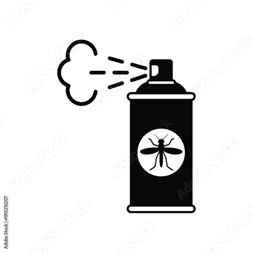 Black and white illustration of a spray can with a mosquito design