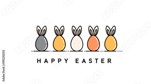 Easter eggs with bunny ears and Happy Easter text. Happy Easter greeting card. Pastel colored eggs with bunny ears and Happy Easter text, celebrating spring holiday