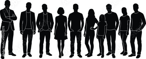 Diverse People Silhouettes Set, Men Women and Teenagers Standing Together, Isolated Black Full Body Figures Collection