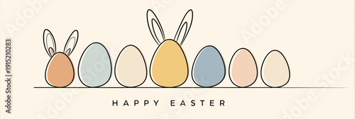Easter eggs with bunny ears and Happy Easter text. Happy Easter greeting card. Pastel colored eggs with bunny ears and Happy Easter text, celebrating spring holiday