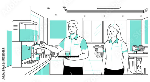 Two employees in uniform serving drinks from a dispenser in a cafe setting
