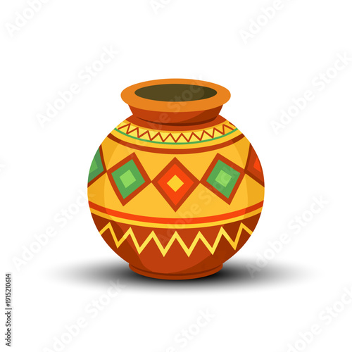 Decorative Traditional Indian Clay Pot Vector Illustration – Ethnic Earthen Pot Isolated on White Background