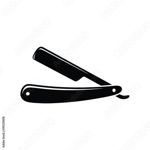 A black silhouette illustration of an open straight razor on white