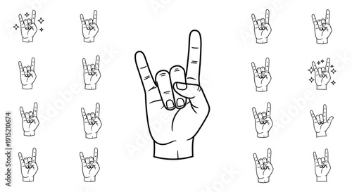 Rock on hand gesture icons and illustrations in a collage