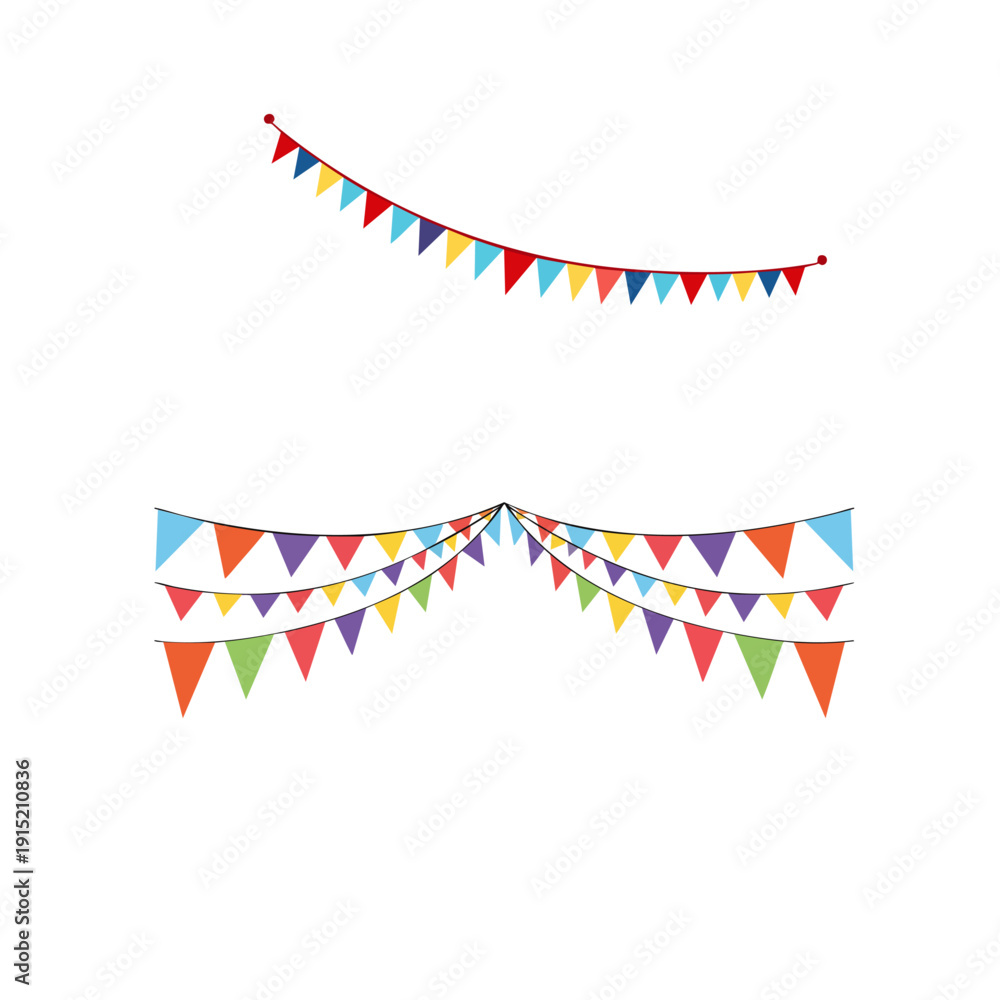 Obraz premium Colorful Party Bunting Flags Vector Set – Festive Triangle Pennant Garland Decoration Isolated on White Background