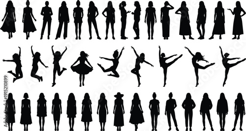 Women Silhouettes Collection, Female Figures Standing Dancing and Jumping Poses, Isolated Black Full Body Set