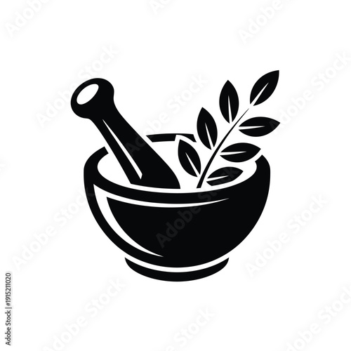 Black and white illustration of a mortar and pestle with leaves