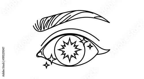 Stylized eye with a starburst pupil and sparkling accents, minimalist line art